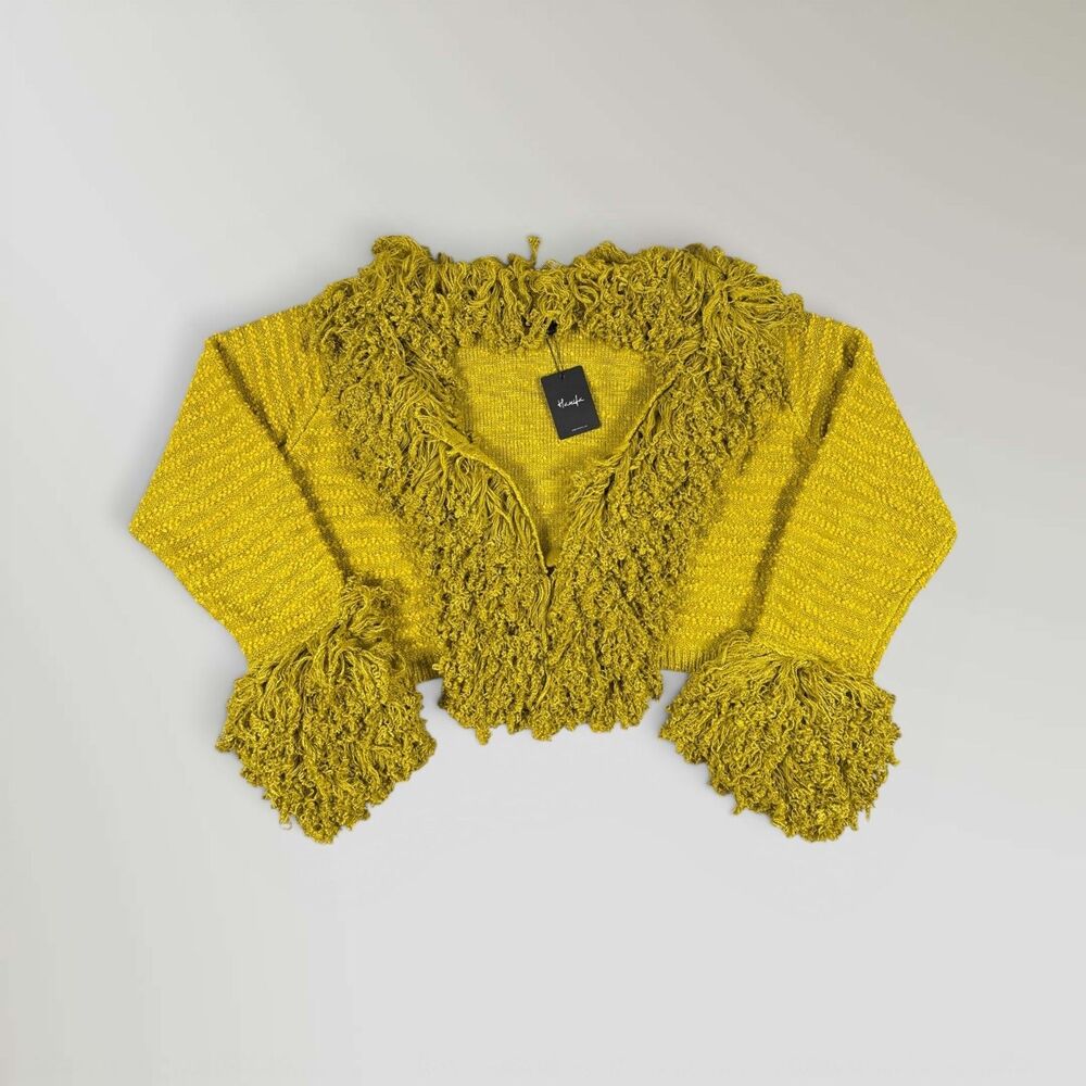 NWT Hanifa Mila Cropped Cardigan Mustard Curly Tassels Texture Size 2XL/3XL